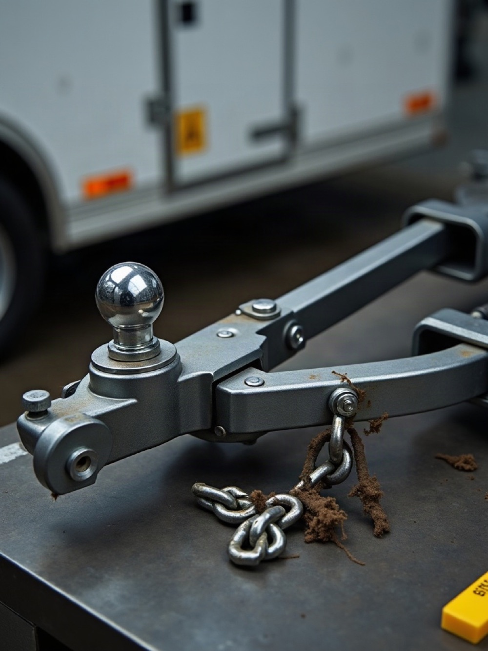 Chrome ball coupler and safety chains on a steel bench during an inspection