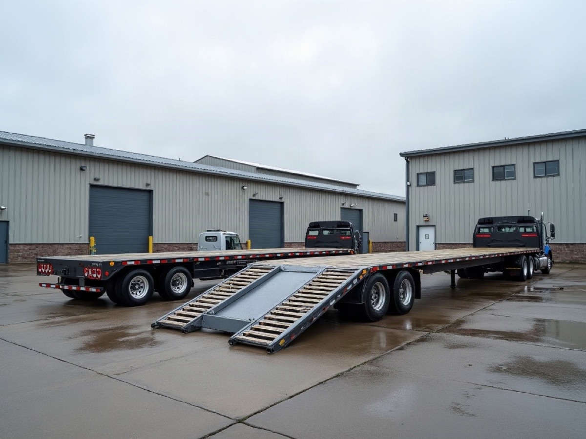 Long deck trailers with wood ramps parked in front of a metal industrial building