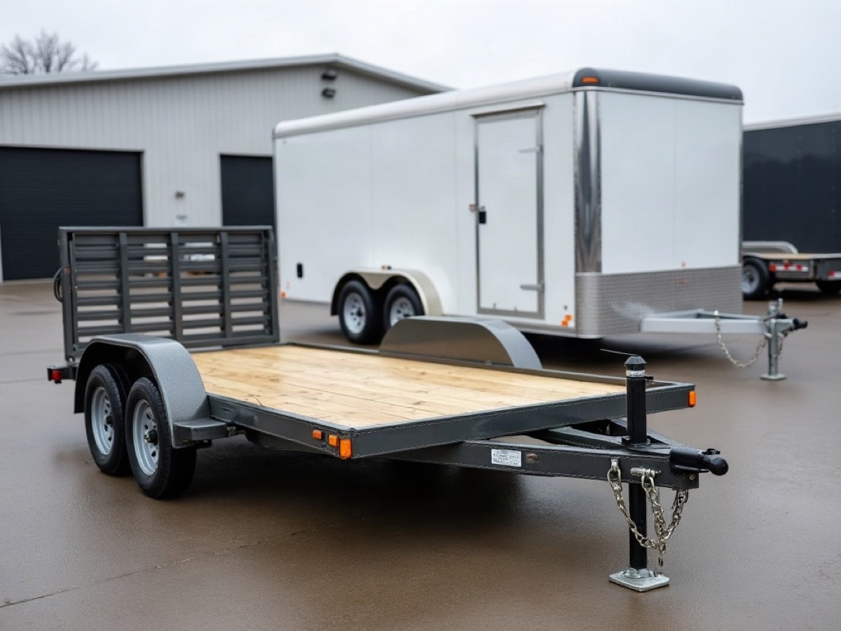 White enclosed cargo trailer parked behind a gray wood-deck utility trailer