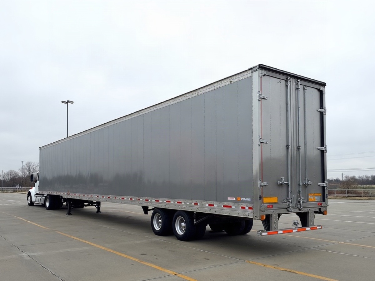 Silver dry-van semi-trailer with landing gear down, coupled to a white tractor
