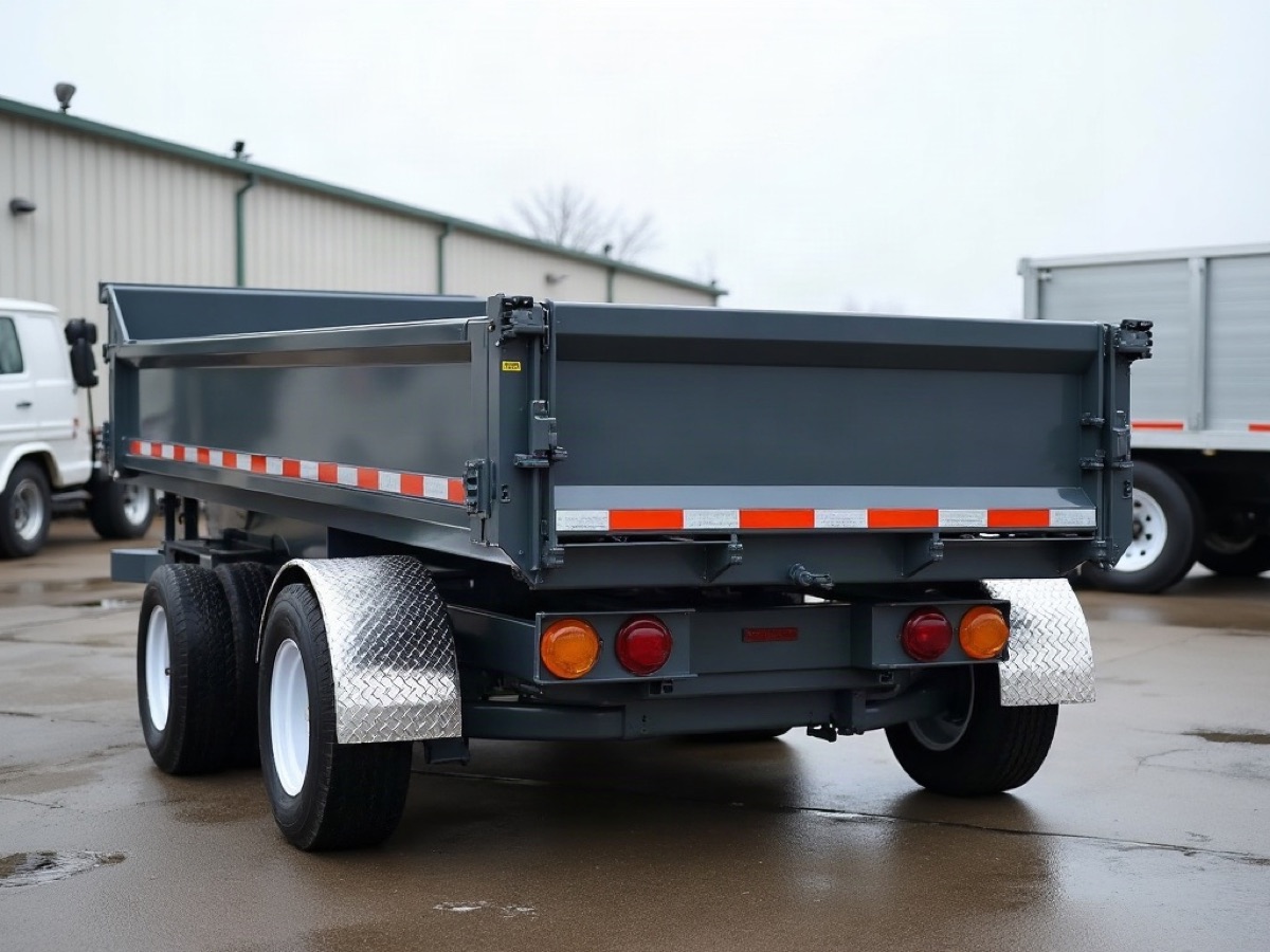 Gray tandem-axle dump trailer seen from the rear, with diamond-plate fenders